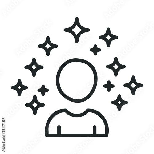Human silhouette with sparkling stars icon representing enlightenment and inspiration. Vector illustration