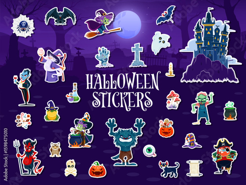 Cartoon Halloween holiday scary characters stickers pack, vector monsters. Halloween stickers of pumpkin, spooky ghost boo and werewolf with zombie or vampire, witch on broom and cemetery tombstone