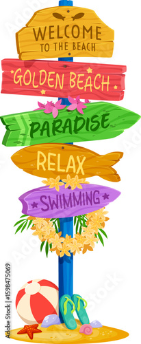 Summer beach wooden signboard with direction arrows for vacation travel vector signage. Summer beach welcome sign board signage to paradise beach and relax with Hawaiian tropical flowers for resort