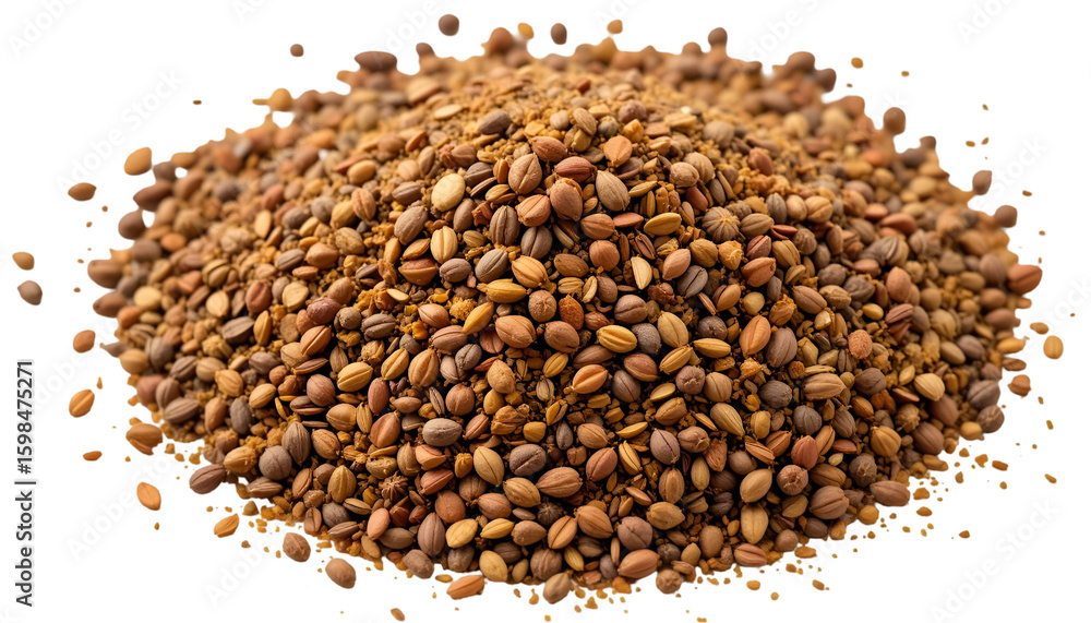A large pile of brown and tan seeds creating a textured mound on a black background surface view . A large pile of brown and tan seeds creating a textured mound on a black background surface view .