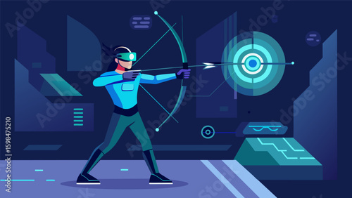 A futuristic archery training program utilizing VR technology to improve precision and aim.. Vector illustration