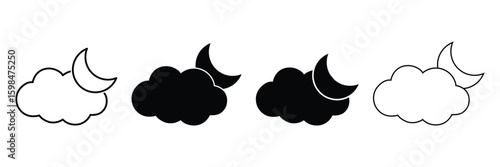 Cloud and crescent moon icon showing nighttime celestial weather graphic in minimal silhouette vector art design for abstract forecast themes.