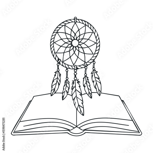 Dreamcatcher over open book outline - literary inspiration and cultural symbolism. Vector illustration