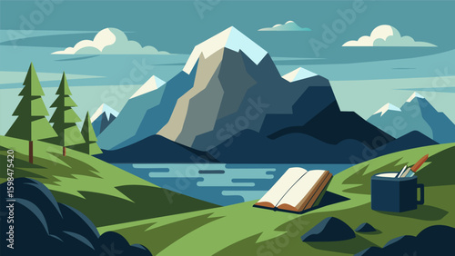 A majestic mountain range stands tall in the distance while in the foreground a journal lies open on a mossy rock capturing the balance of peaceful. Vector illustration