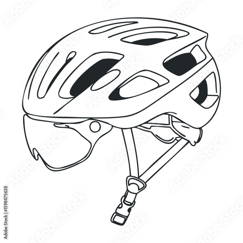 Black and white illustration of a bicycle helmet with chin strap and ventilation openings. Vector illustration