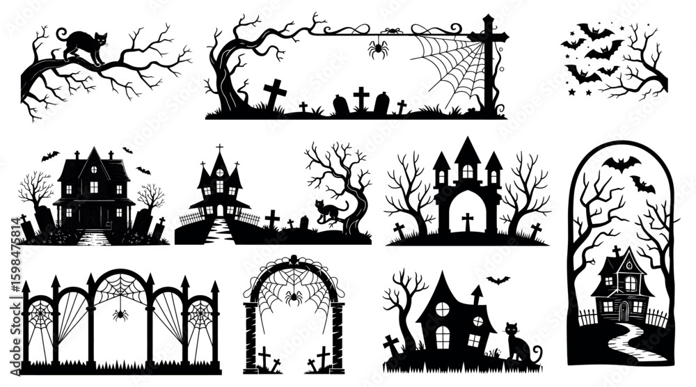 Fototapeta premium Halloween haunted house and graveyard silhouettes with bats trees and spooky decoration 