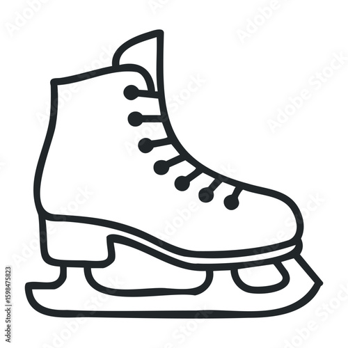 Black and white outline of a classic ice skate with laces and blades. Vector illustration
