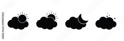 Cloud sun moon and star icon set showing daytime and nighttime weather condition in minimal celestial vector illustration design style.