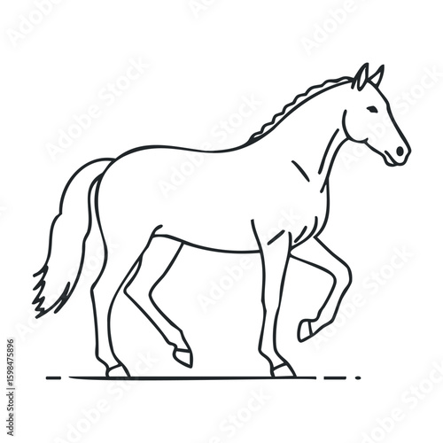 Outline drawing of a horse in motion with flowing mane and tail. Vector illustration