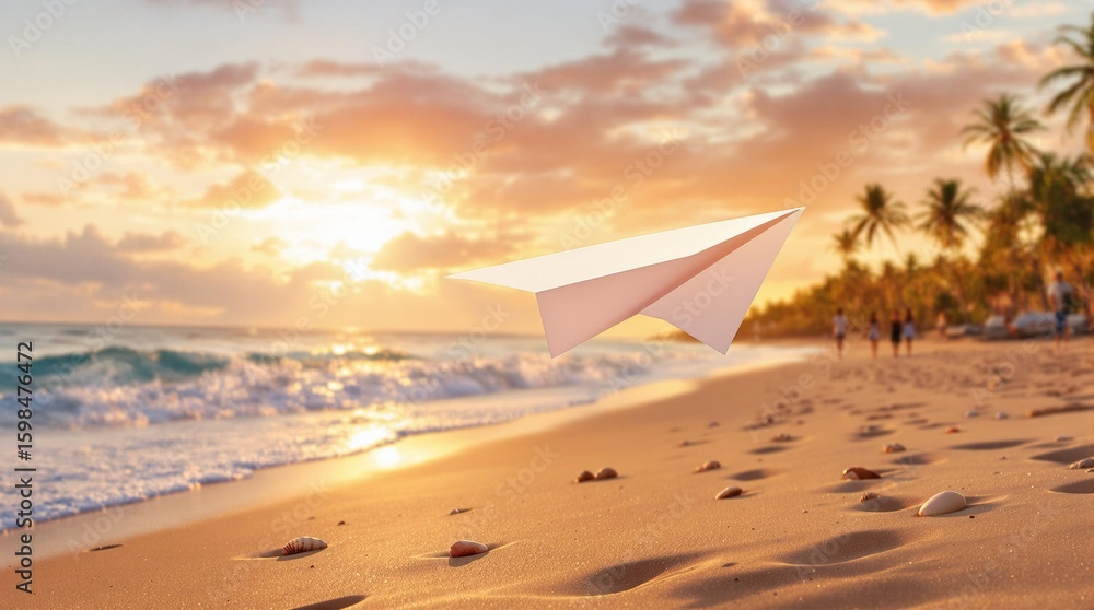 Obraz premium Avión de papel, sobrevolando una playa en el atardecer.