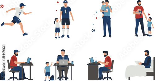 Vector art of a collection of fathers and sons enjoying various activities together, isolated on white background
