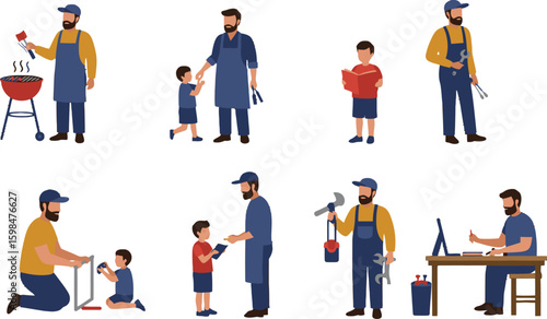 Vector art of a collection of fathers and sons spending quality time together, isolated on white background