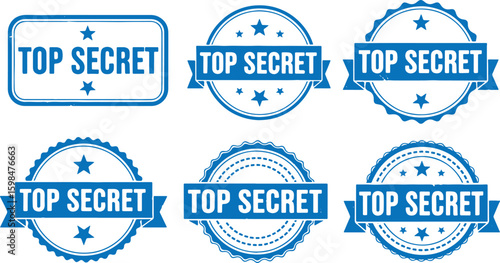 Six Blue Top Secret Stamps with Stars and Ribbons classified, top secret, stamp, blue, secret, classified, confidential, government, security, information, restricted, official, document, seal, label,