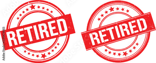 Two red retired stamps with stars on white background, retired stamp, red stamp, stamp, rubber stamp, grunge, distressed, vintage, seal, circular, stars, graphic, isolated, white background, text, wor
