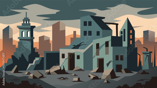 A dilapidated cityscape the decaying buildings embodying the artists feelings of despair and decay.. Vector illustration