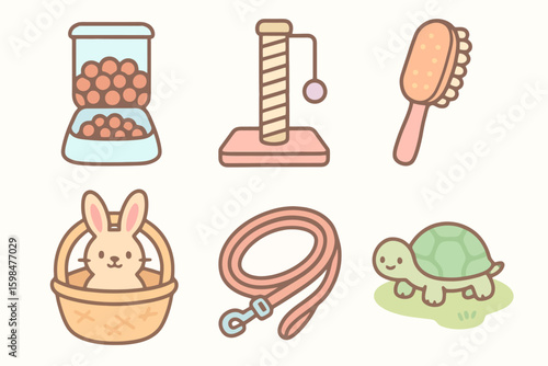 Cartoon icons of pet items and animals: dispenser, scratching post, pet brush, bunny, leash, and turtle. Soft colors, thin outlines, clean look.