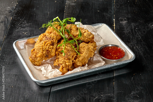 Crispy fried chicken tenders with spicy dipping sauce on metal tray