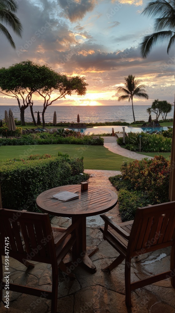 Fototapeta premium Tropical sunset view from patio