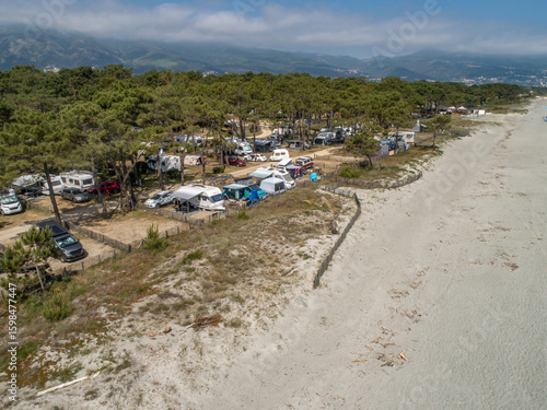 Aerial view of detail of campsite on Corsican coast near Bastia Etang de Biguglia Camping San Daminao Beachside Corse