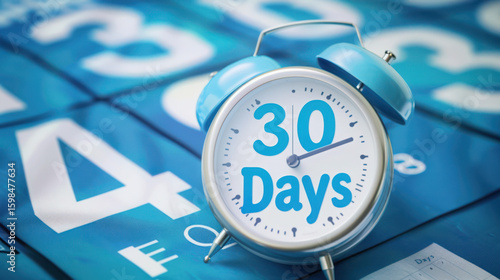 Alarm clock showing thirty days on a calendar background