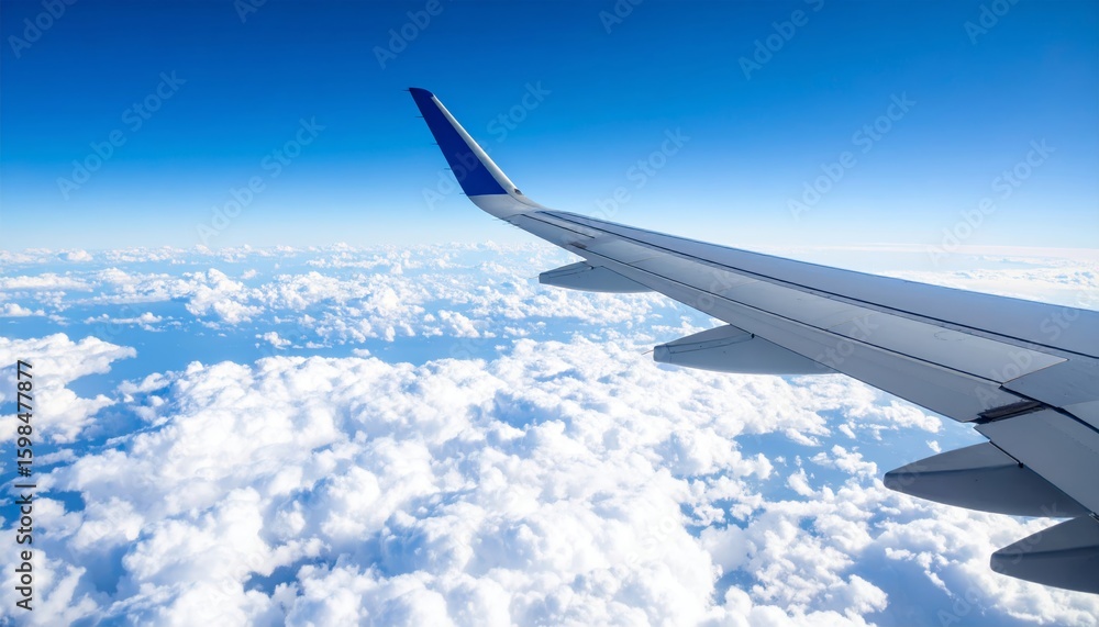 Obraz premium Airplane wing above clouds.View from airplane window a blue sky and clouds.