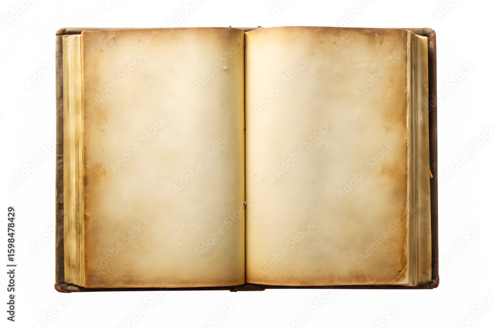 Fototapeta premium An open antique book with aged, blank parchment pages, isolated on a transparent background