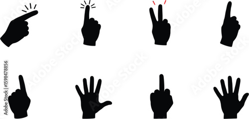 Vector art of a set of black hand gestures isolated on white background shows different finger counts and hand signals