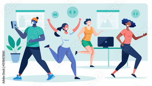 A group of individuals are seen participating in a virtual dance class following along with the instructors movements and engaging in a lowimpact. Vector illustration