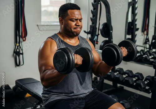 Man lifting weights shows effort in home gym with fitness equipment for strength training routine