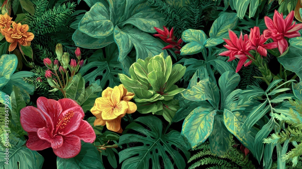 Fototapeta premium Lush Green Foliage with Vibrant Flowers Creating a Tropical Paradise