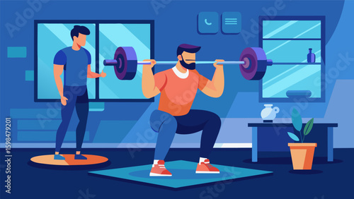 A man in a tiny studio apartment lifts and squats guided by a personal VR fitness coach in a realistic virtual gym.. Vector illustration