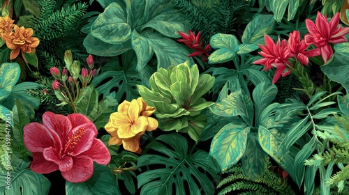 Wallpaper Mural Lush Green Foliage with Vibrant Flowers Creating a Tropical Paradise Torontodigital.ca