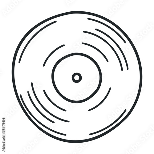 Black vinyl record icon with circular musical grooves and center label. Vector illustration