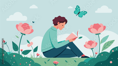 Amidst a garden bursting with life a solitary artist sits in quiet contemplation sketching a graceful butterfly perched on a bed of delicate pink. Vector illustration