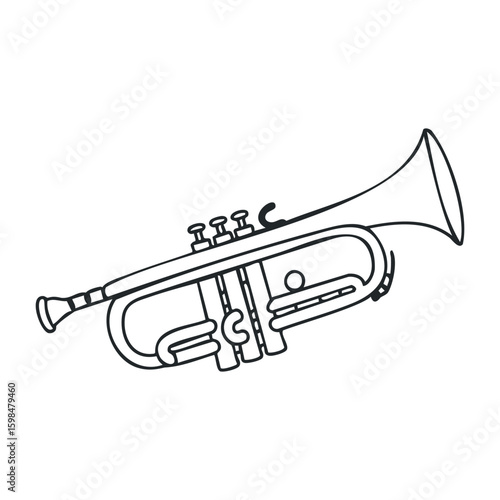 Outline drawing of a trumpet with detailed valves and bell. Vector illustration