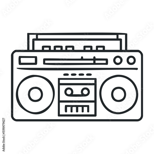 Vintage boombox outline drawing with cassette tape player and speakers. Vector illustration
