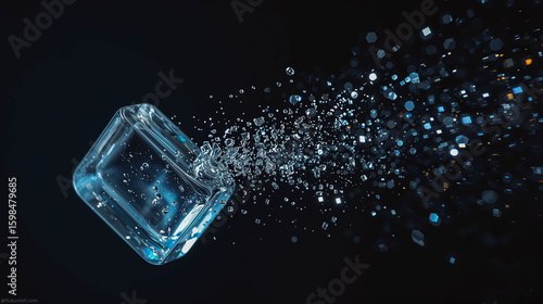 Exploding Ice Cube with Sparkling Fragments