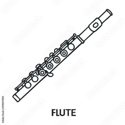 Outline of musical flute with detailed keys and mouthpiece in black and white. Vector illustration