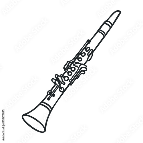Black outline of a clarinet with detailed keys and mouthpiece focused on the instrument's design. Vector illustration