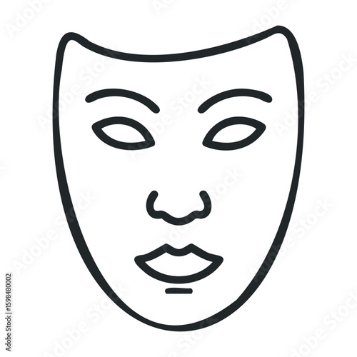 Simple black and white theatrical mask line drawing symbolizing drama and mystery. Vector illustration