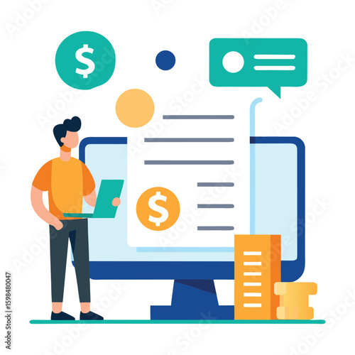 Person generating digital invoices isolated on white background