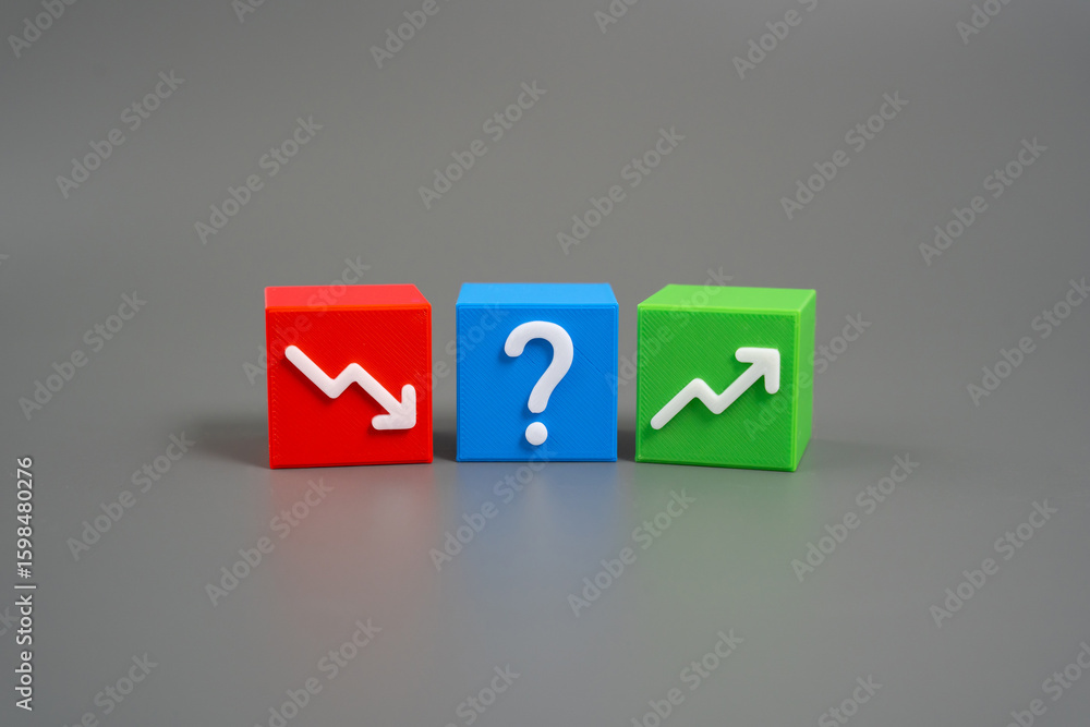 Obraz premium The question is where prices will go: up or down. Stock, futures and cryptocurrency quotes. Investor sentiment, volatility. Speculation, inflation impact, global events. Unpredictable pricing behavior