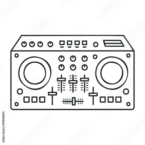 Outline drawing of dj mixer console with knobs and faders for music production. Vector illustration