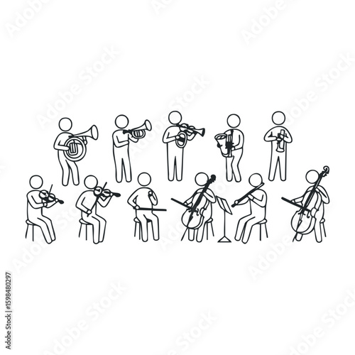 Stick figure orchestra performance with diverse musical instruments. Vector illustration