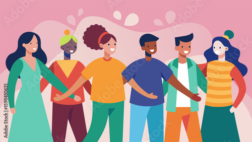 A mural featuring diverse individuals holding hands representing the power of community and solidarity in shaping ones identity.. Vector illustration