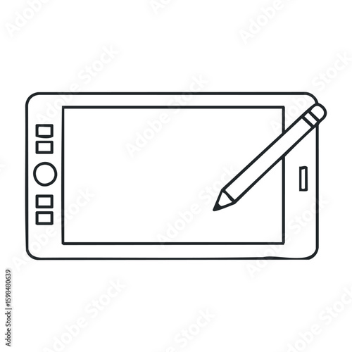 Digital drawing tablet and stylus outline with control buttons. Vector illustration