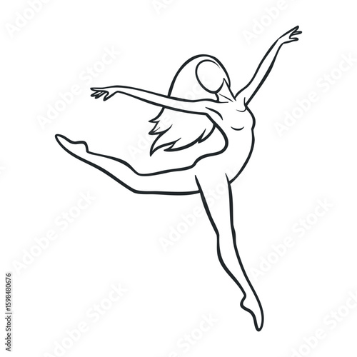Graceful female ballerina outline in dance pose with extended arms and legs. Vector illustration