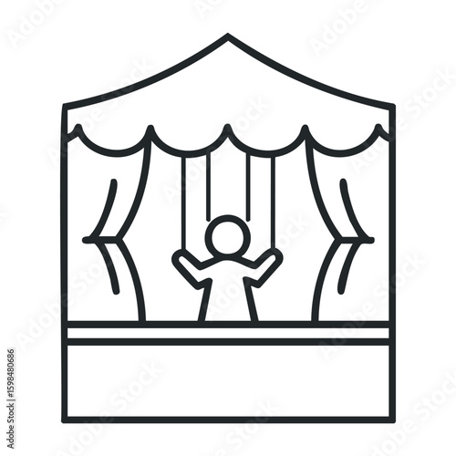 Puppet show icon with stage and strings depicting artistic performance. Vector illustration