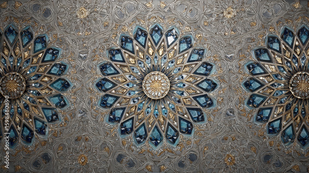 custom made wallpaper toronto digitalOrnate ceiling details with intricate symmetrical geometric floral and foliate patterns, blue and gold accents create contrast on the silver.