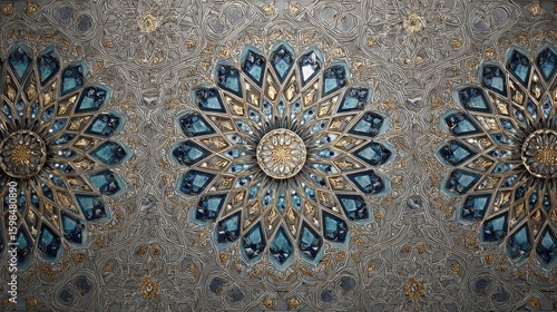 Wallpaper Mural Ornate ceiling details with intricate symmetrical geometric floral and foliate patterns, blue and gold accents create contrast on the silver. Torontodigital.ca